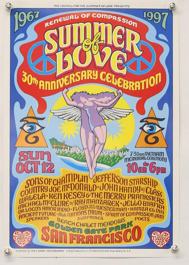 A group of 8 posters for the Summer of L: A group of 8 posters for the Summer of Love festival 30th and 40th anniversary celebrations in 1997 and 2007, all flat mostly 12 x 18 inches. (7)Provenance: from a private collector.