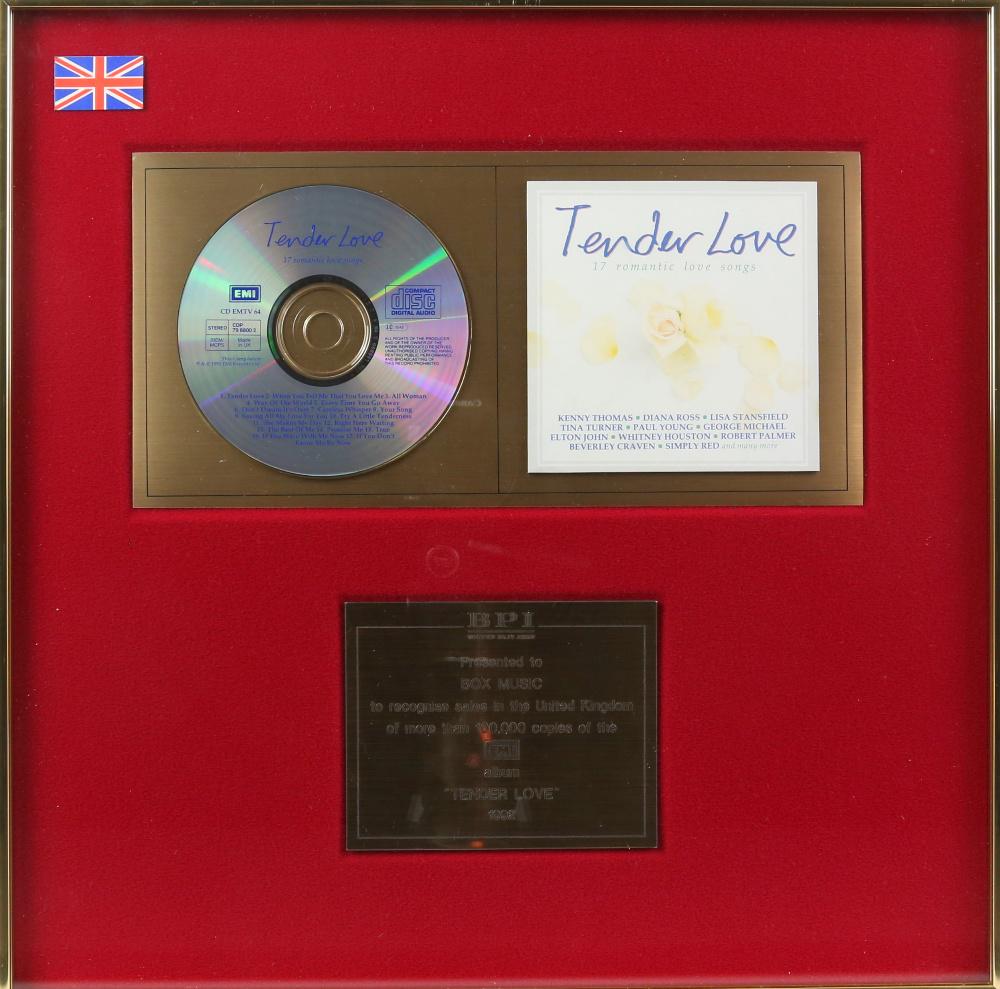 BPI award presented to Box Music to reco: BPI award presented to Box Music to recognise sales in the United Kingdom of more than 100,000 copies of the EMI album ÒTender LoveÓ 1992, framed, 16 x 16 inches.Provenance: From the collection of A