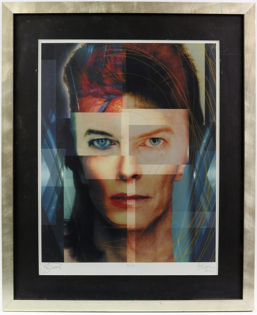 David Bowie - A Rex Ray (1956-2015) Davi: David Bowie - A Rex Ray (1956-2015) David Bowie limited edition lithograph, signed, numbered 87/100 and dated 2002 in pencil by the artist, also signed and dated 2002 in pencil by David Bowie, framed,