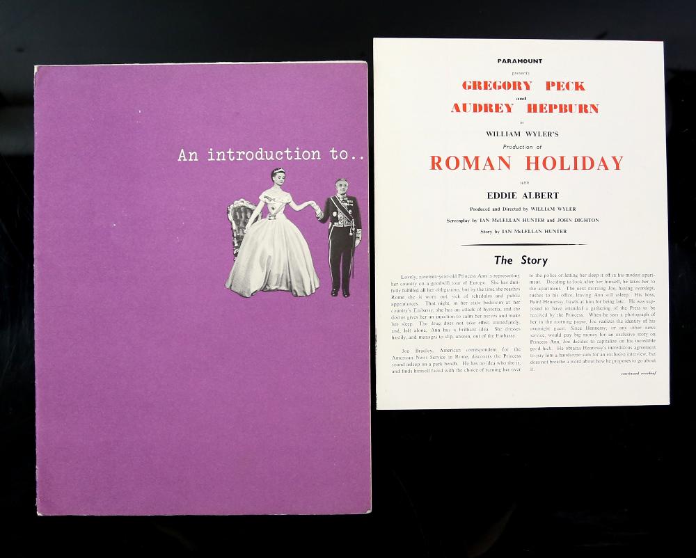 Roman Holiday (1953) Film brochure for t: Roman Holiday (1953) Film brochure for the classic starring Audrey Hepburn and Gregory Peck, with a synopsis, larger 23 x 31 cm (2).