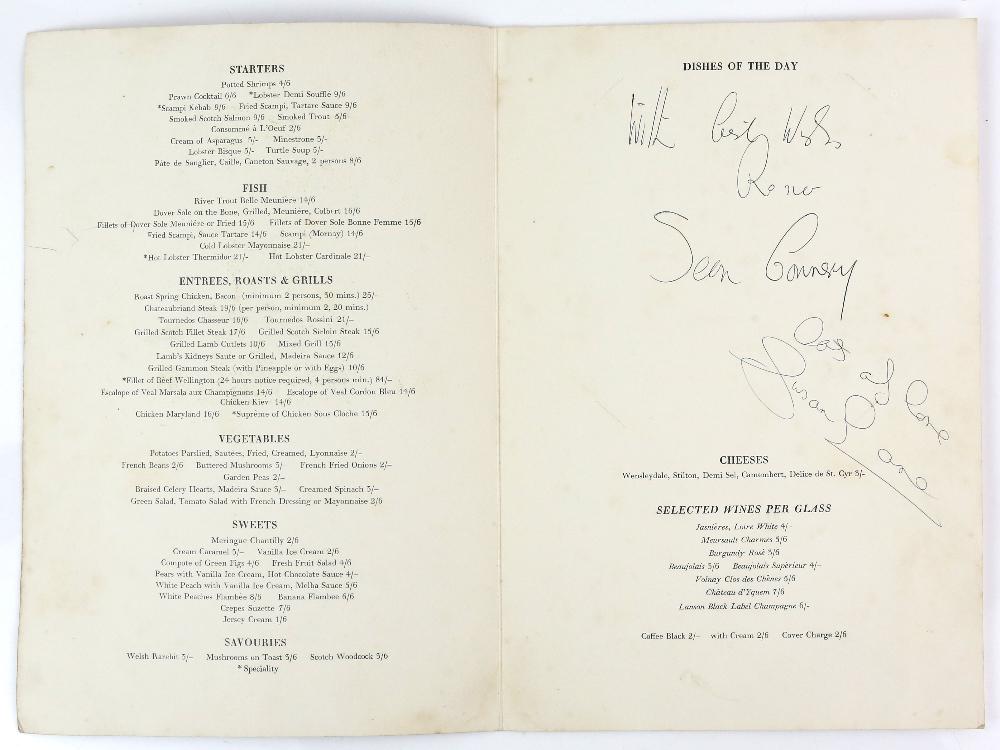 Sean Connery Ð A Royal Hotel Scarborough: Sean Connery Ð A Royal Hotel Scarborough Restaurant menu, signed clearly to the inside by Sean Connery and Susan Lane, dating from the 1960Õs when Connery starred as James Bond, 13 x 9 inches.