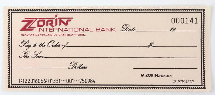 James Bond - A View to a Kill (1985) Pro: James Bond - A View to a Kill (1985) Prop Cheque from the movie starring Timothy Dalton, 'Zorin International Bank', 7 x 17 cm.