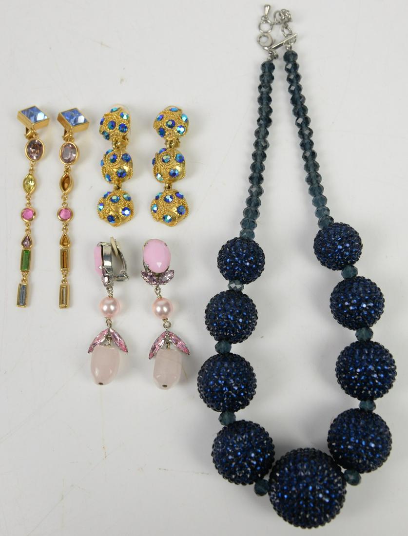 Large bag of costume jewellery, including a pair o: Large bag of costume jewellery, including a pair of rose quartz clip on earrings by Philippe Ferrandis, some other similar by Samo, Nour London blue bead statement necklace, freshwater pearl necklaces