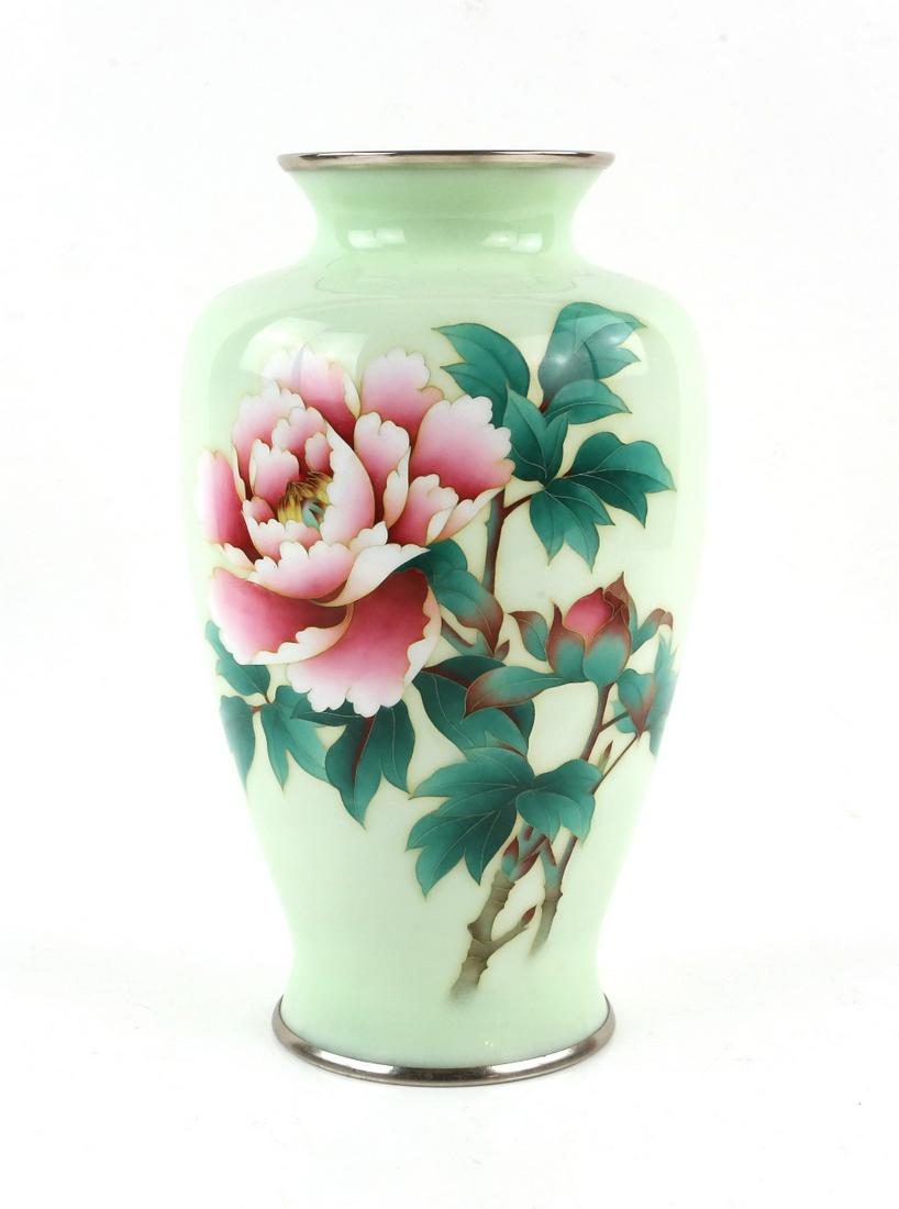 Japanese cloisonne green ground vase with pink flo: Japanese cloisonne green ground vase with pink floral decoration, 25.5cm high,