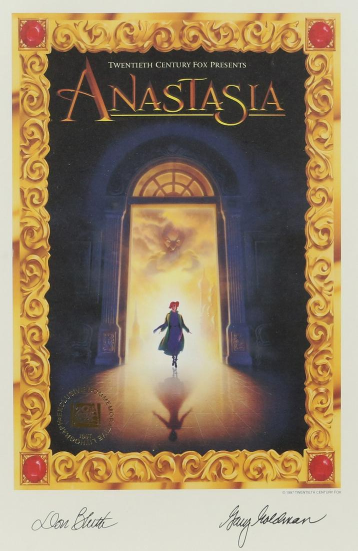 Anastasia (1997) A framed Lithograph from Twentiet: Anastasia (1997) A framed Lithograph from Twentieth Century Fox featuring Poster key art of the animated movie, Signed by directors Don Black & Gary Goldman, overall 38 x 47 cm.