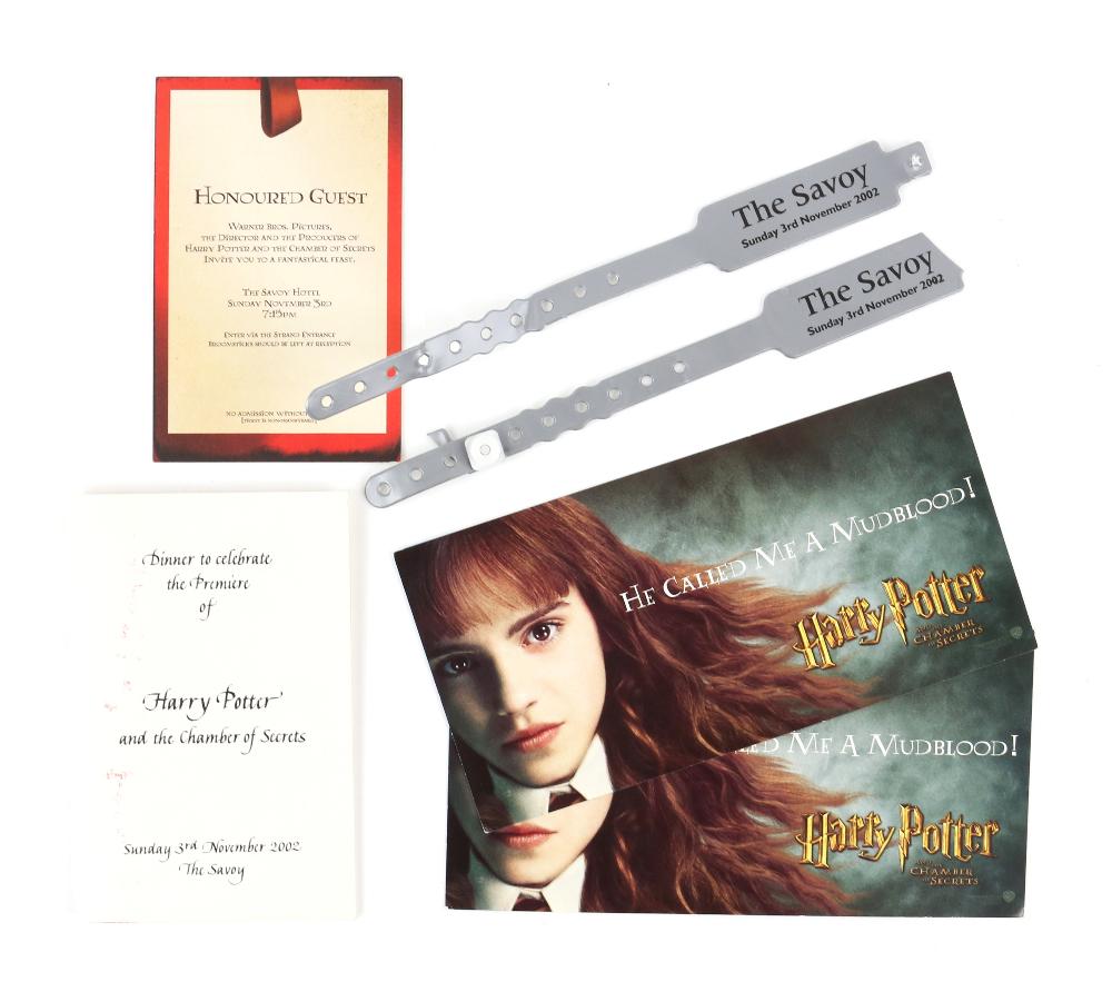 Harry Potter and the Chamber of Secrets - Dinner M: Harry Potter and the Chamber of Secrets - Dinner Menu to celebrate the premiere of the film at The Savoy on 3rd November 2002, dinner ticket, two wrist bands and two premiere tickets (6). Provenance: 
