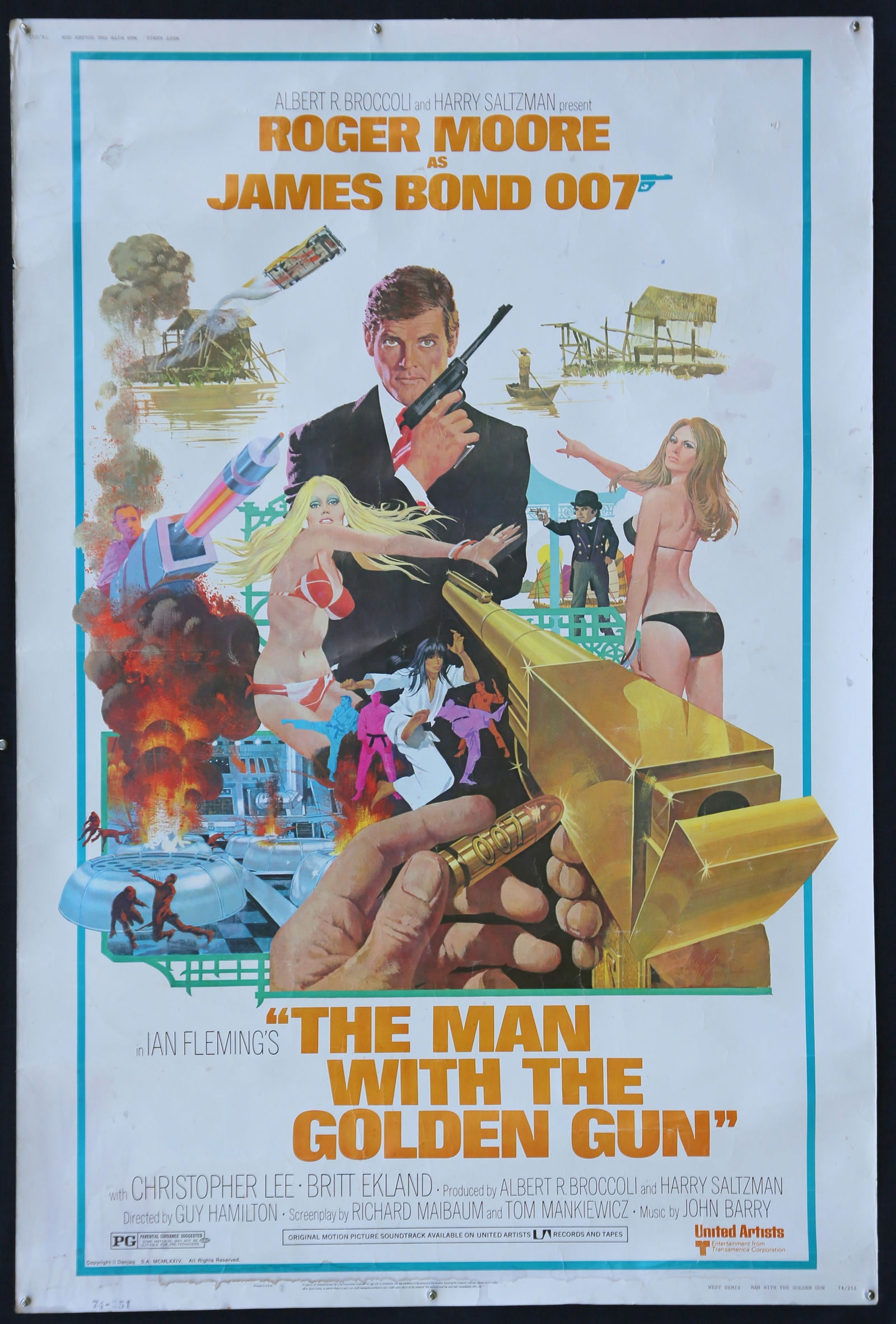 James Bond The Man With The Golden Gun (1974) US 4: James Bond The Man With The Golden Gun (1974) US 40 x 60 film poster, starring Roger Moore, United Artists, rolled, 40 x 60 inches. . Some staining.