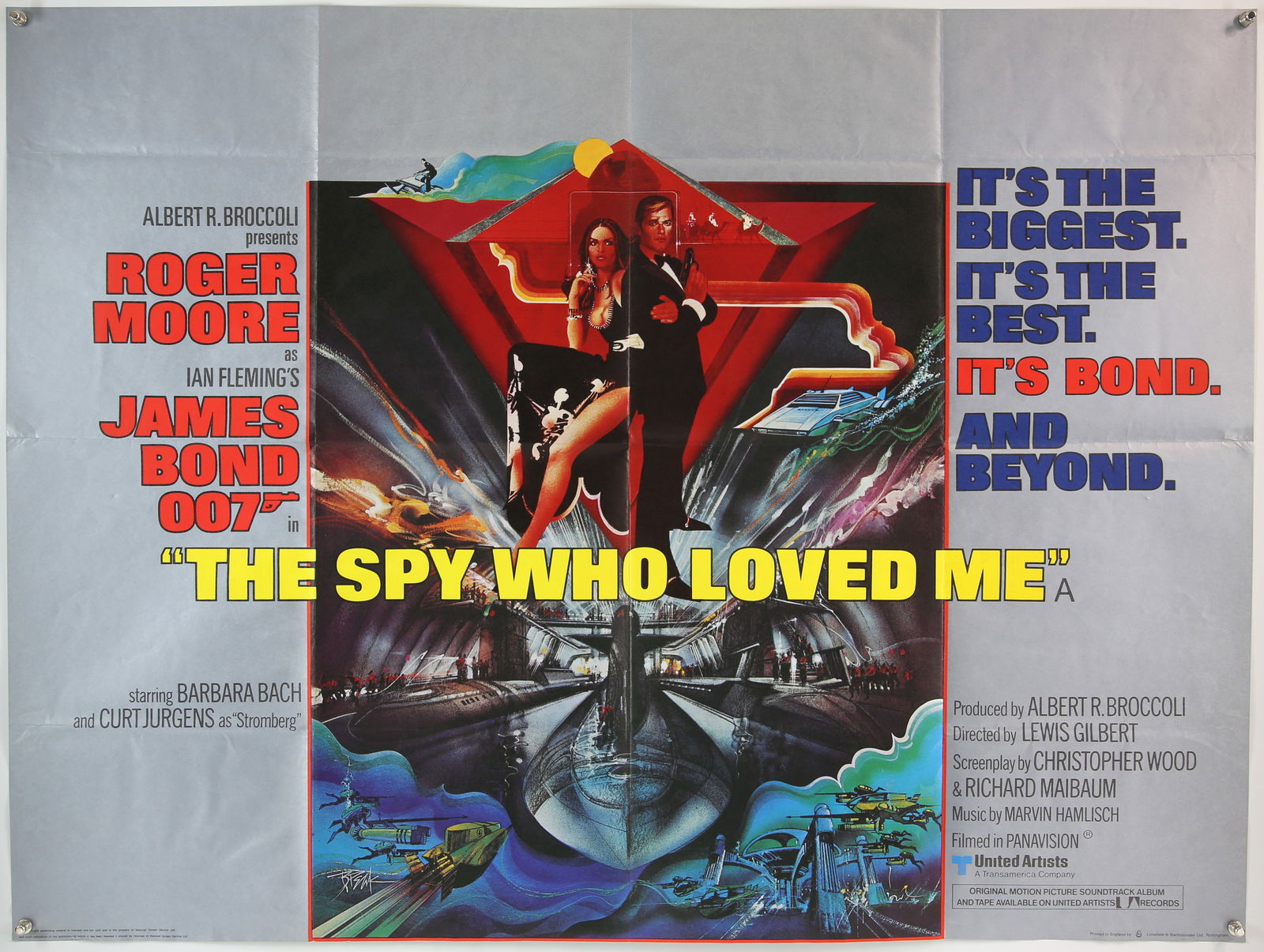 James Bond The Spy Who Loved Me (1977) British Qua: James Bond The Spy Who Loved Me (1977) British Quad film poster for the 10th entry in the James Bond series, starring Roger Moore and with artwork by Bob Peak, folded, 30 x 40 inches. .