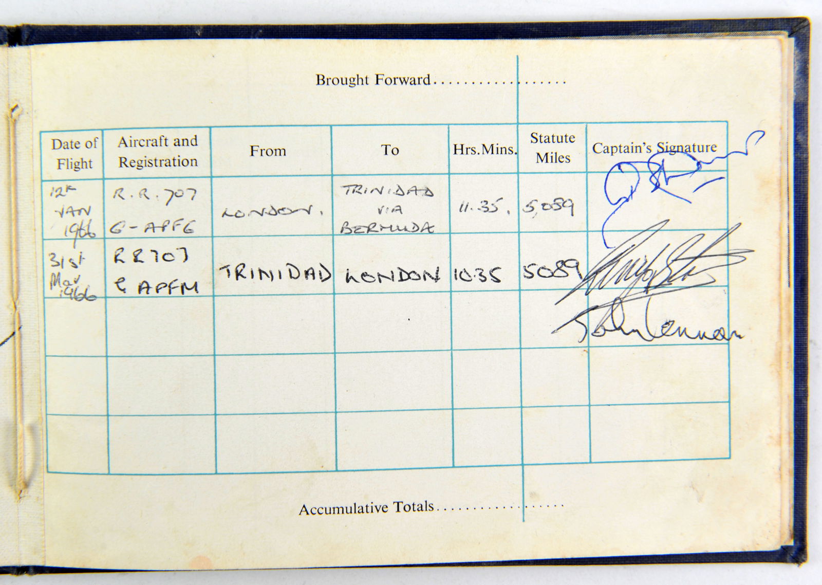 The Beatles - BOAC Junior Jet Club Log Book signed: The Beatles - BOAC Junior Jet Club Log Book signed to the inside page by John Lennon and Ringo Starr, with a date 31st March 1966, 11 x 16 cm. The vendor lived in Trinidad for some years. Her father w