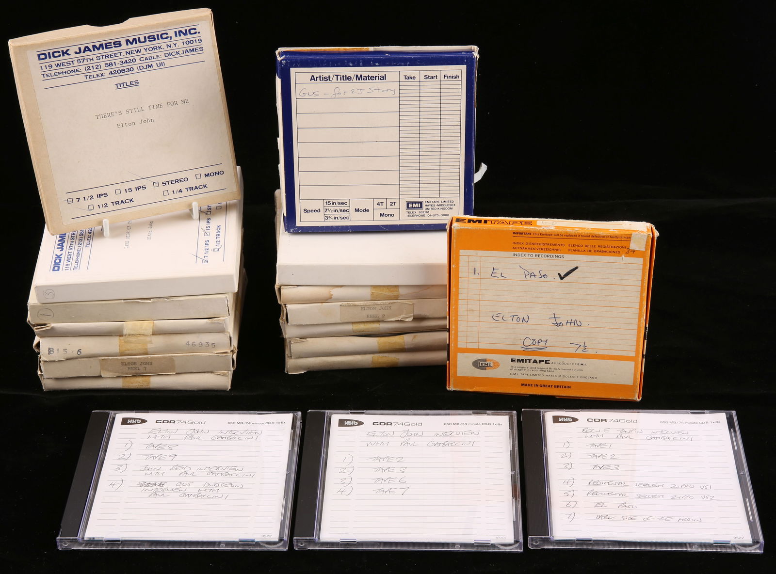 Elton John reel to reel tapes - to include 14 reel: Elton John reel to reel tapes - to include 14 reels related to Elton, including interview tapes from 1976 covering history of Elton John for BBC radio series, mainly Paul Gambaccini interviews with Be