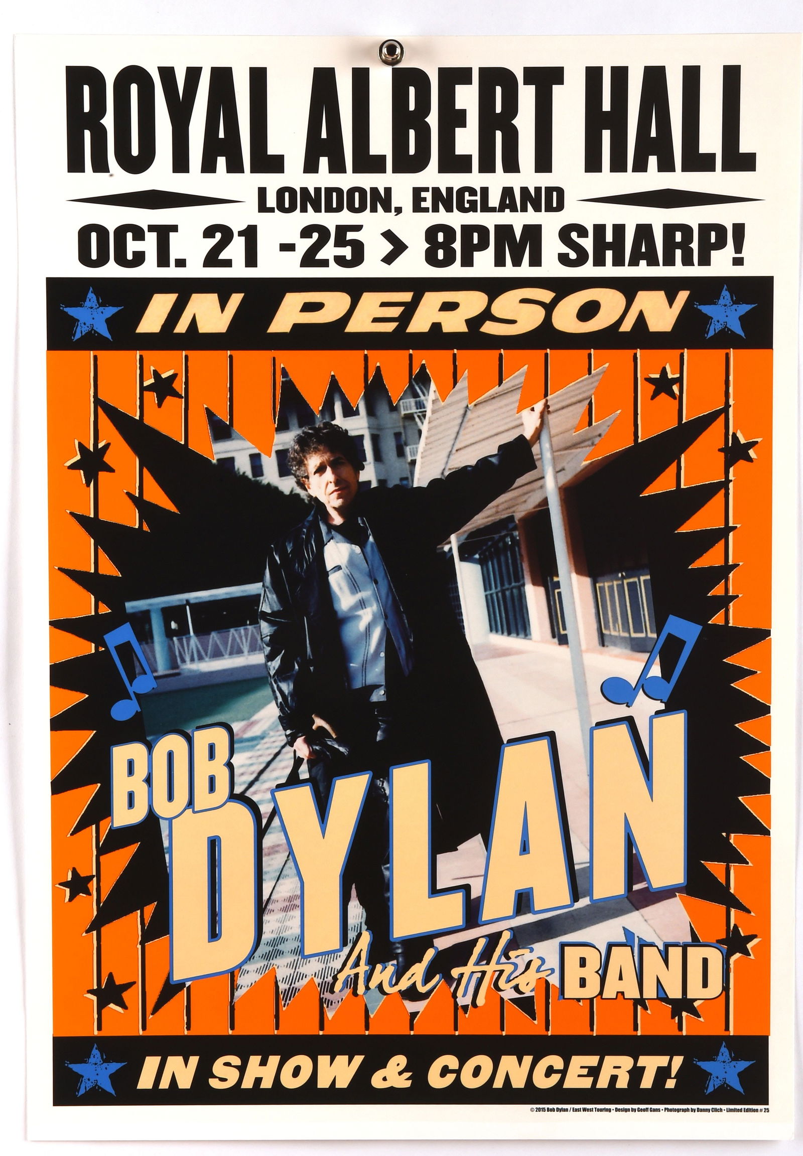 Bob Dylan posters - concert tour posters printed o: Bob Dylan posters - concert tour posters printed on card stock, designed by Geoff Gans, Royal Albert Hall, Wembley Arena, US tour dates (4), flat, sizes vary, largest 21 x 14 inches.