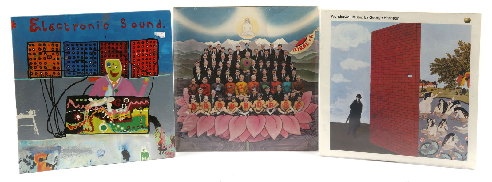 George Harrison vinyl records - Dark Horse; Wonder: George Harrison vinyl records - Dark Horse; Wonderwall Music (1992 gatefold re-issue); Electronic Sound (ST 3358), (3).