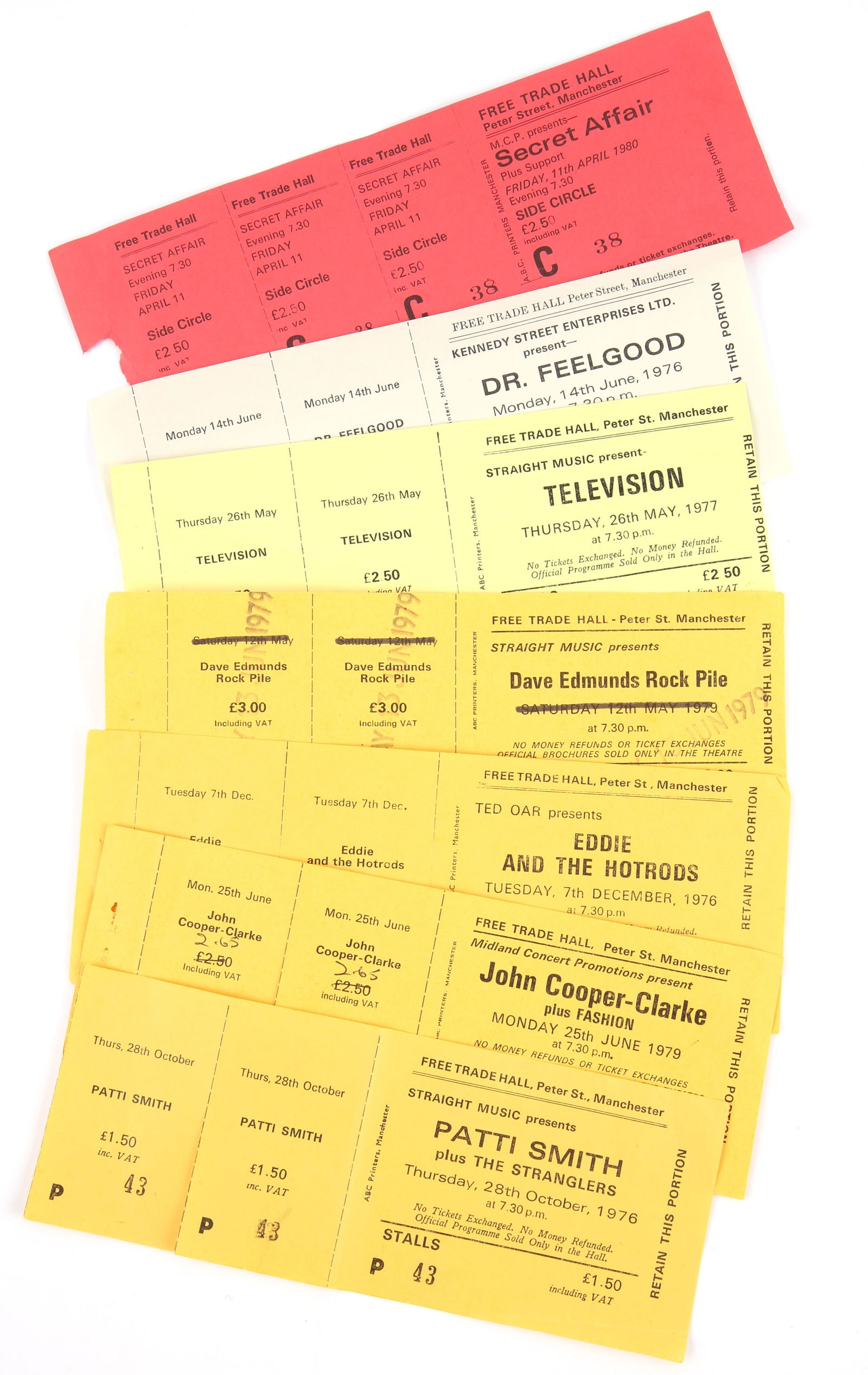 Punk concert tickets from Free Trade Hall Manchest: Punk concert tickets from Free Trade Hall Manchester in the 1970s- Television; Secret Affair; Eddie and the Hotrods; Dr. Feelgood; Dave Edmunds; John Cooper Clarke; Patti Smith / The Stranglers (7).