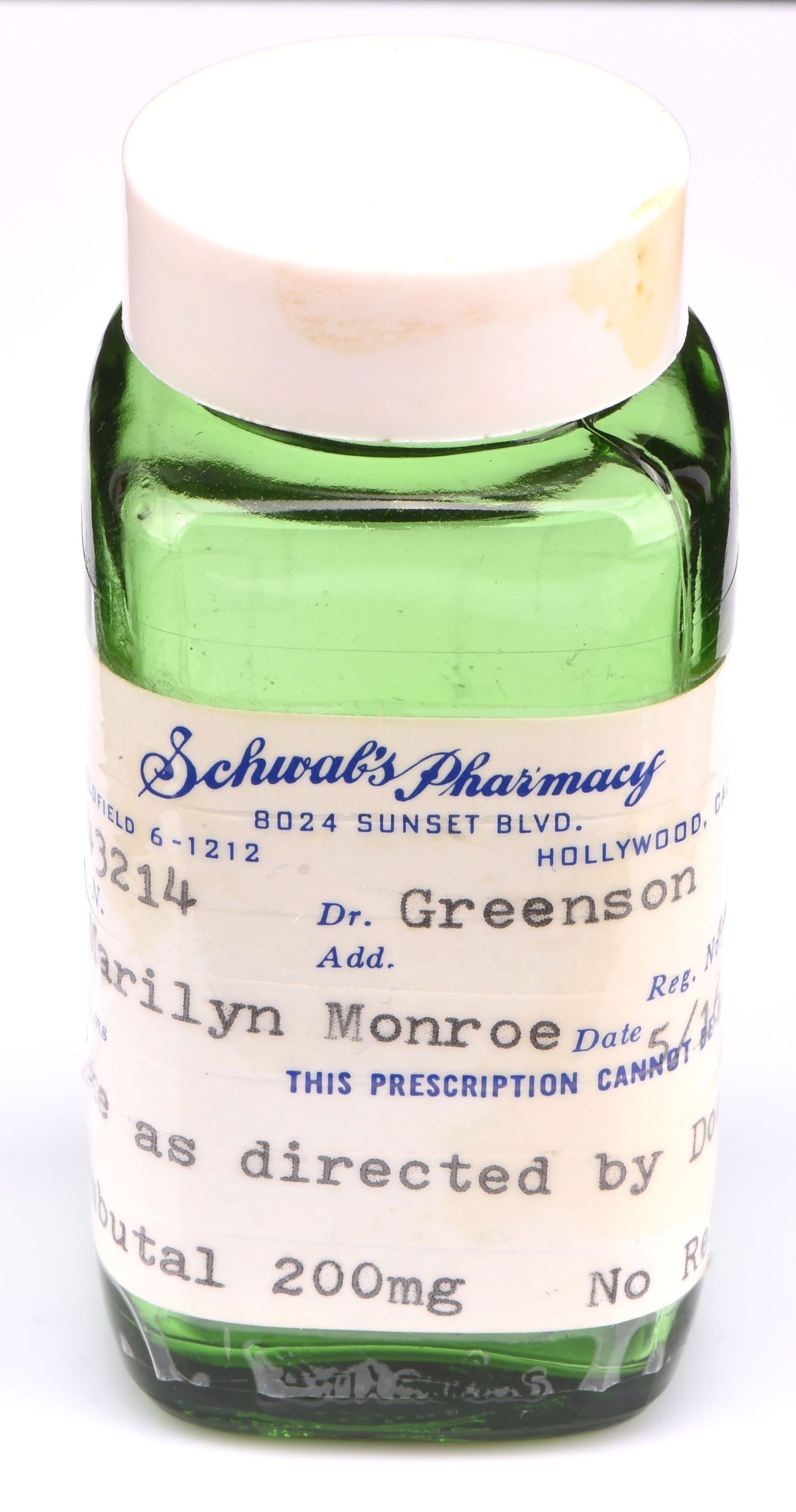 Marilyn Monroe - Personal Item - Green glass pres: Marilyn Monroe - Personal Item - Green glass prescription pill bottle, owned and used by Marilyn Monroe, from the private collection of Marilyn's friend and personal secretary, May Reis, with her acco