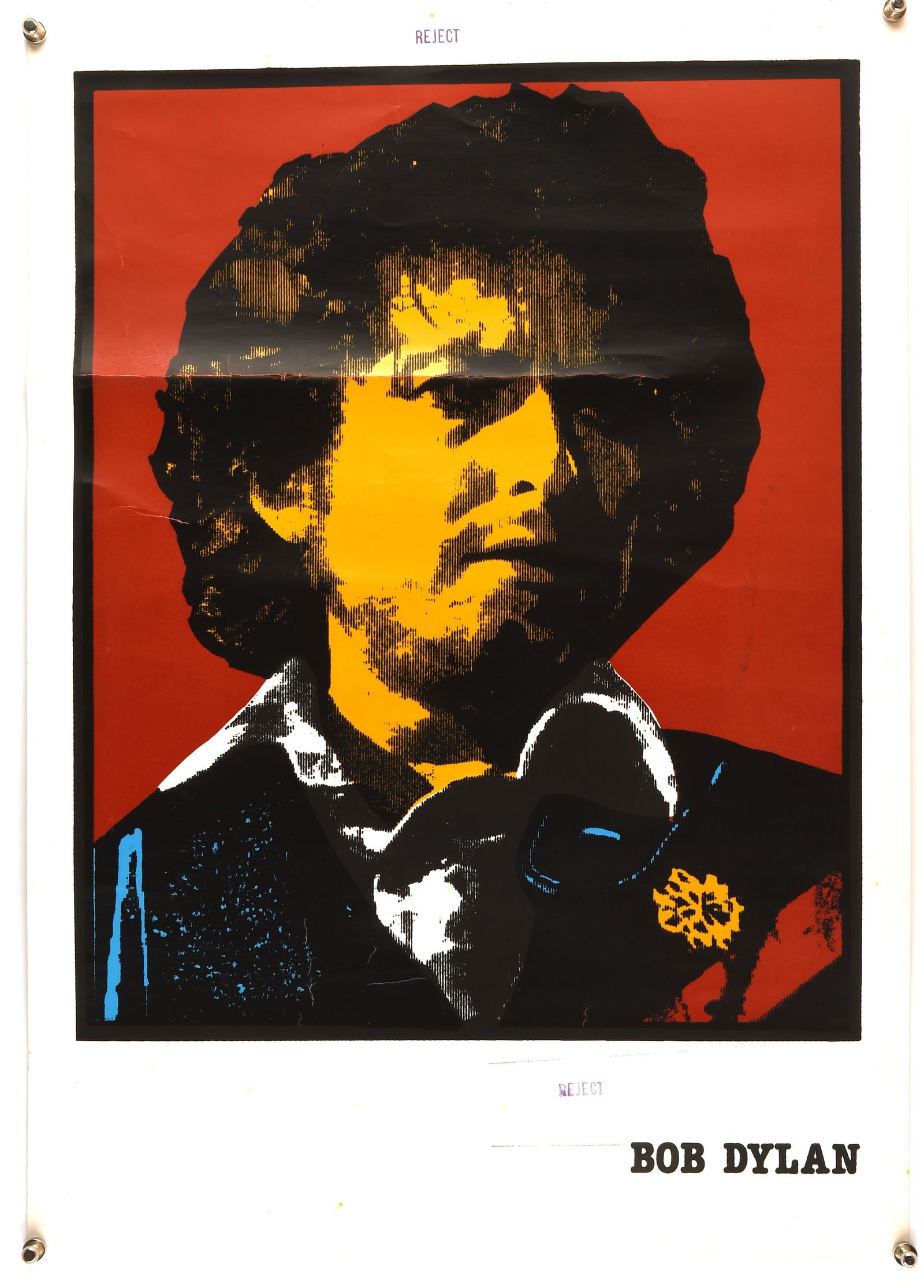 Rare Bob Dylan Masks Studio: Rare Bob Dylan Masks Studio (c’ 1977) Printer's Proof Silk-Screened Poster, one of a series of Pop-Art style printer's proofs, which did not go into production (it carries a REJECT stamp), unfolded