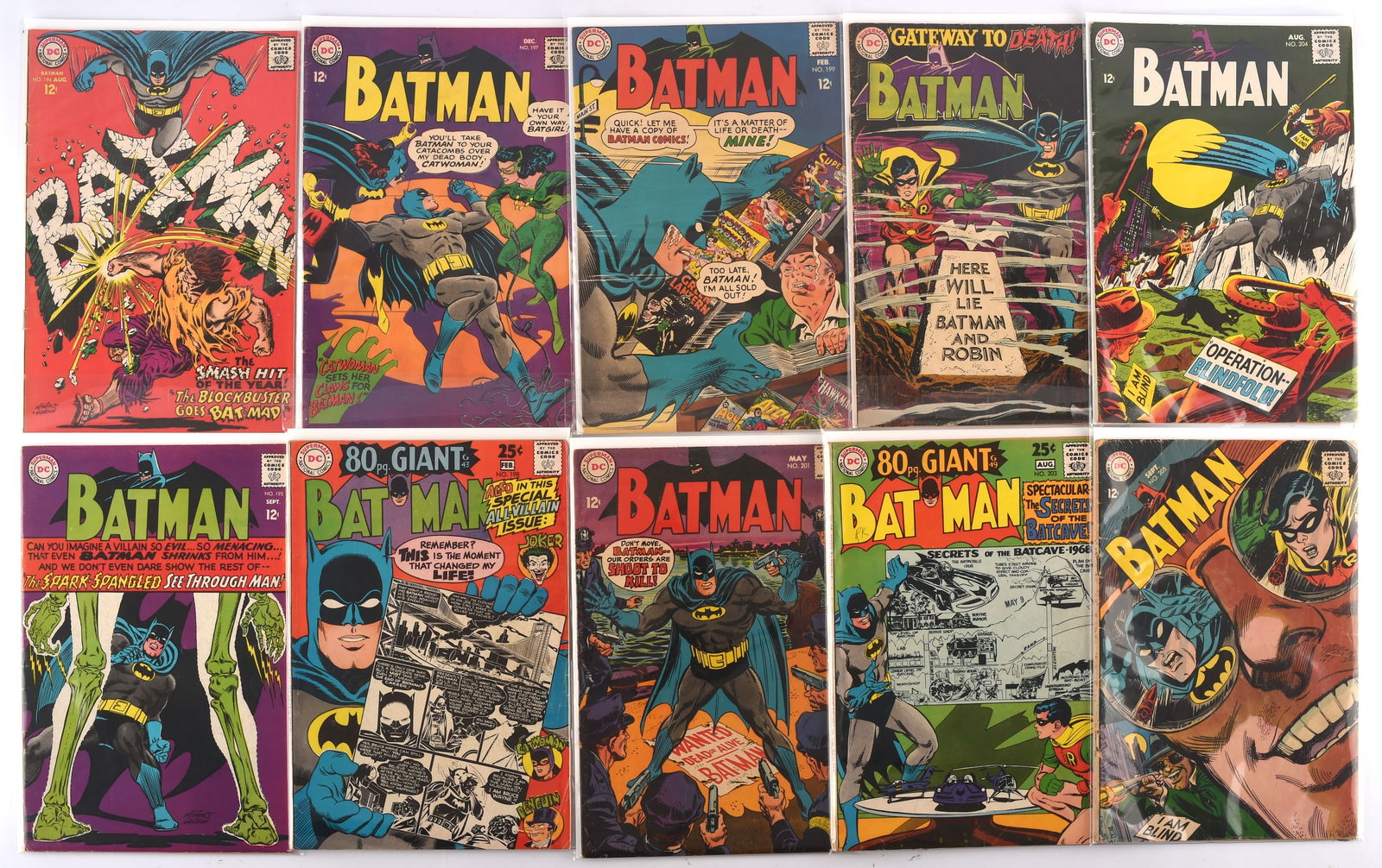 Batman - a group of 10 Silver-Age issue featuring: Batman - a group of 10 Silver-Age issue featuring classic covers (DC Comics, 1967-68).This lot features:Batman (1st series) Nos. 194, 195, 197, 198, 199, 201, 202, 203, 204, 205.1st print, US Cents co