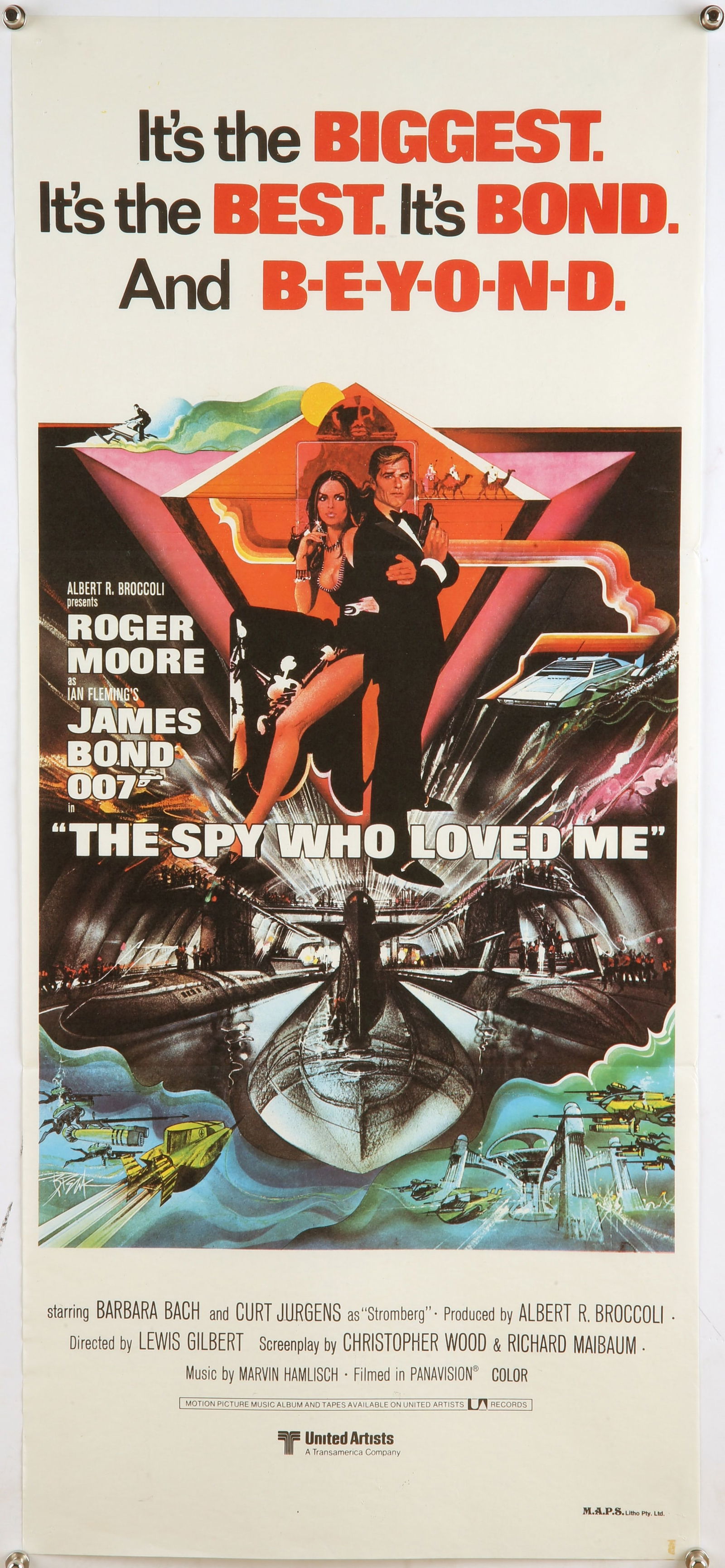James Bond 007 – The Spy Who Loved Me (1977), Aust: James Bond 007 – The Spy Who Loved Me (1977), Australian Daybill, 1st release for the Roger Moore Bond film, artwork by Bob Peak, 13 x 30 inches, folded CR:- In very good folded condition, pin holes