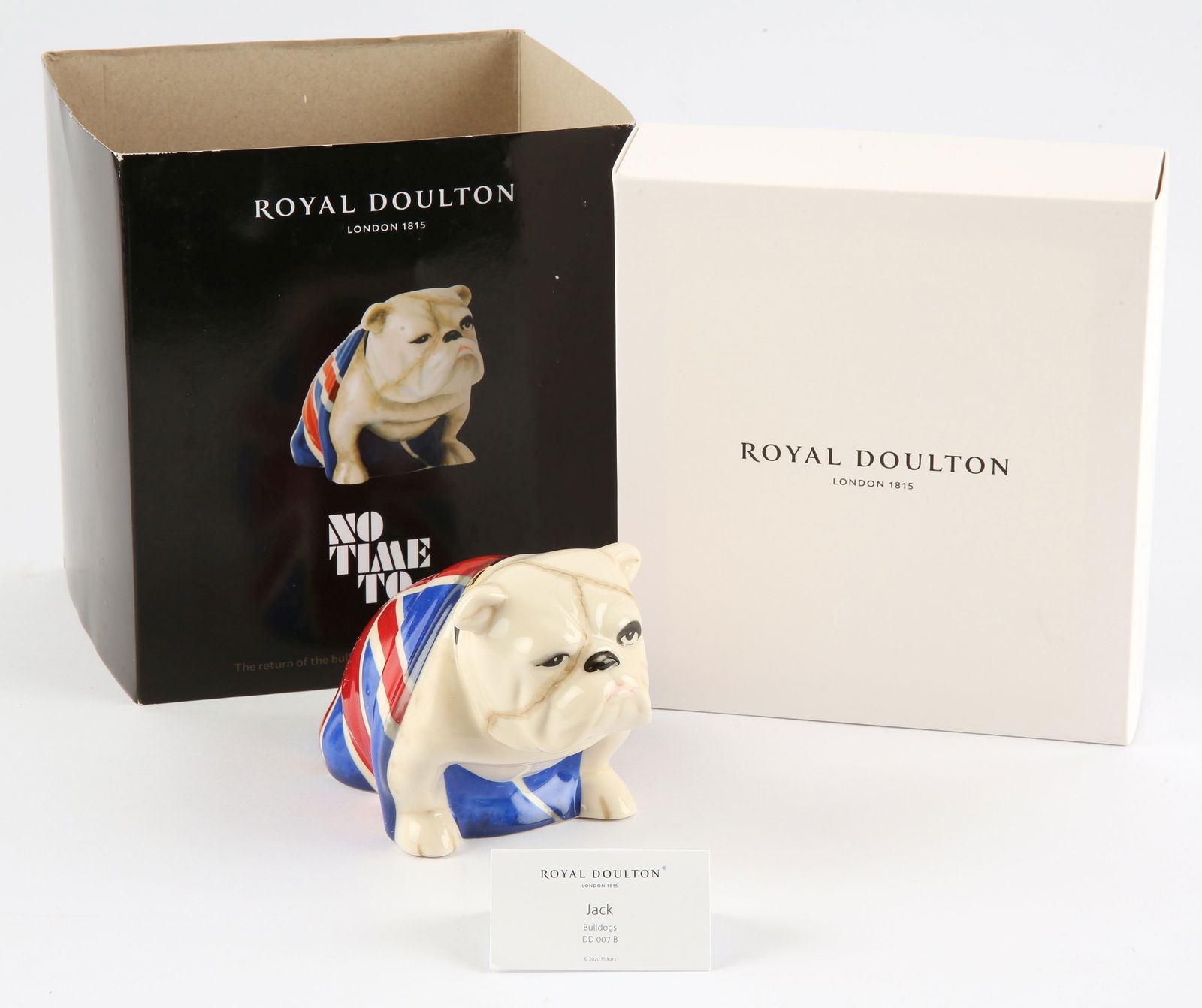 James Bond 007 – Royal Doulton No Time To Die 'Jac: James Bond 007 – Royal Doulton No Time To Die 'Jack' China Bulldog figure, issued in 2020, promoted in time for the film, boxed in Royal Doulton lidded box with paper sleeve, now sold out and not av
