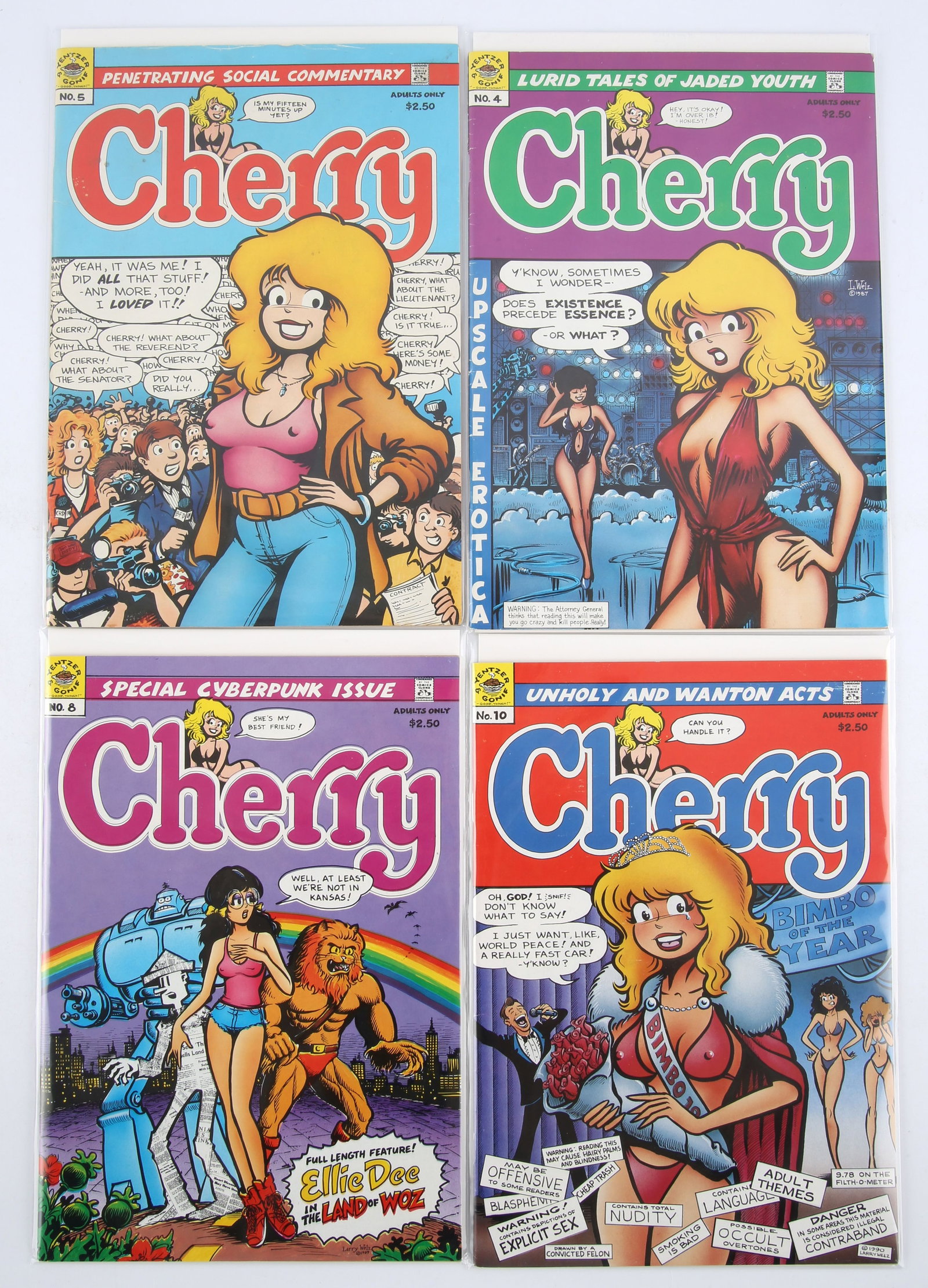 Cherry by Larry Welz – a group of 4 erotica comics: Cherry by Larry Welz – a group of 4 erotica comics (Last Gasp Publishing, 1987 onwards).Cherry is an erotic comic book about the lurid escapades of a sexually adventurous 18-year old woman and h