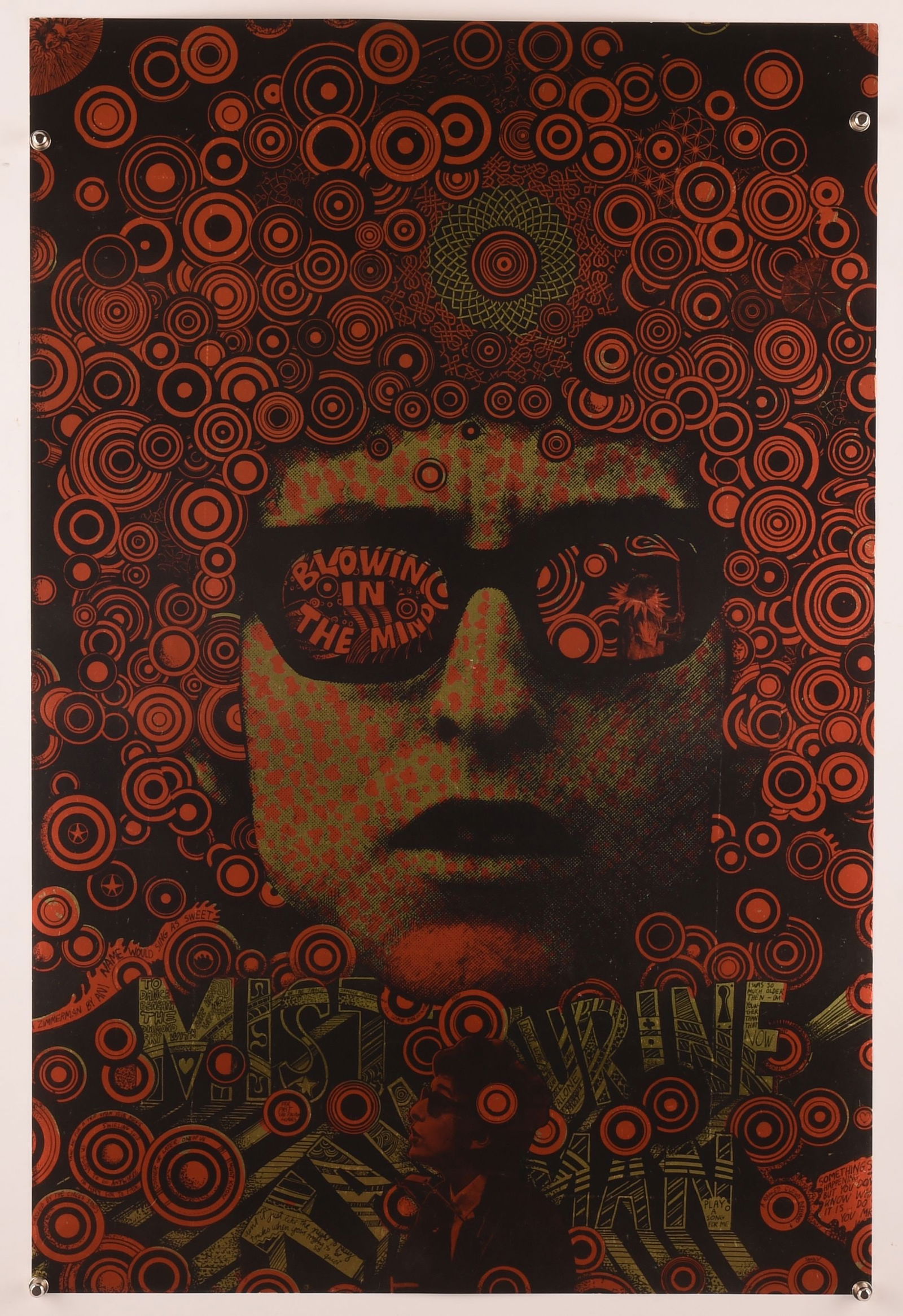 Bob Dylan, 'Mr Tambourine Man' / 'Blowin in the Mi: Bob Dylan, 'Mr Tambourine Man' / 'Blowin in the Mind' foiled Martin Sharp, 1967, flat, 29.5 x 19.5 inches, 1960s music poster