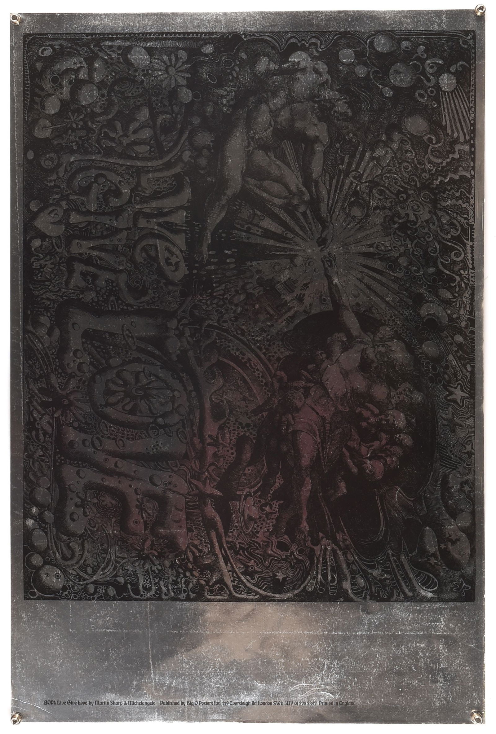 Martin Sharp Big O , BOP4 Live Give Love by Martin: Martin Sharp Big O , BOP4 Live Give Love by Martin Sharp and Michaelangelo 1967, black on silver metallic, flat, 30 x 20 inches. 1960s psychedelic music poster