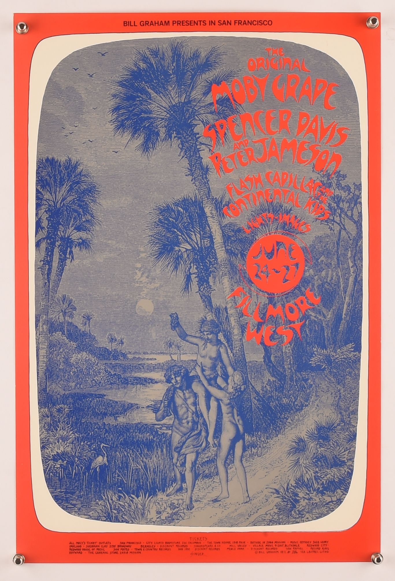 Bill Graham presents In San Francisco, Moby Grape,: Bill Graham presents In San Francisco, Moby Grape, Spencer Davis, June 24,27, 1971 at the Fillmore West, San Francisco, 1967, David Singer design,286, flat, 21 x 14 inches. 1970s concert poster