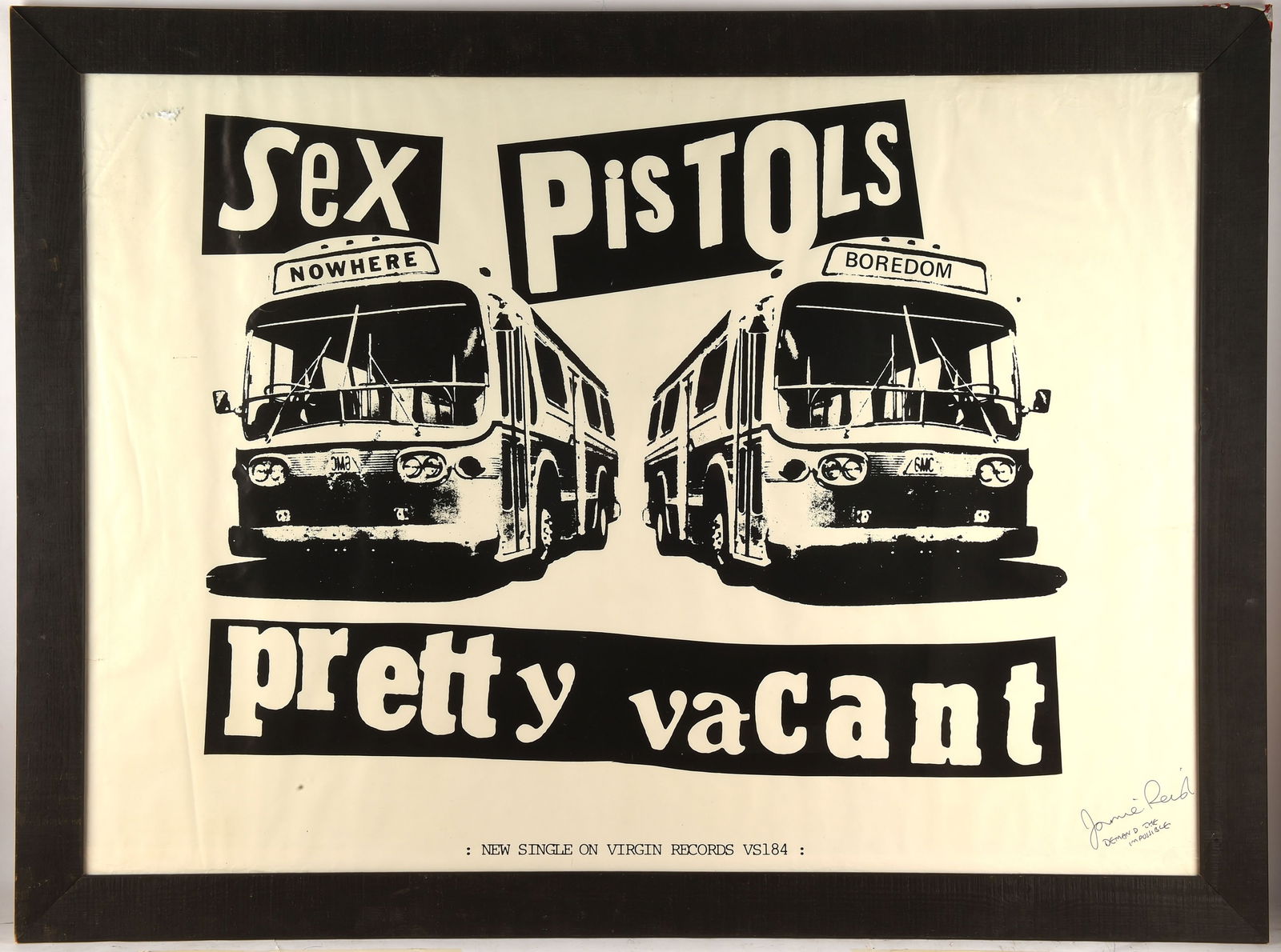 Sex Pistols Pretty Vacant Signed poster. An origin: Sex Pistols Pretty Vacant Signed poster. An original Virgin Records promotional poster for the Sex Pistols' 1977 single Pretty Vacant, signed and inscribed by Jamie Reid. Signature in black marker pen