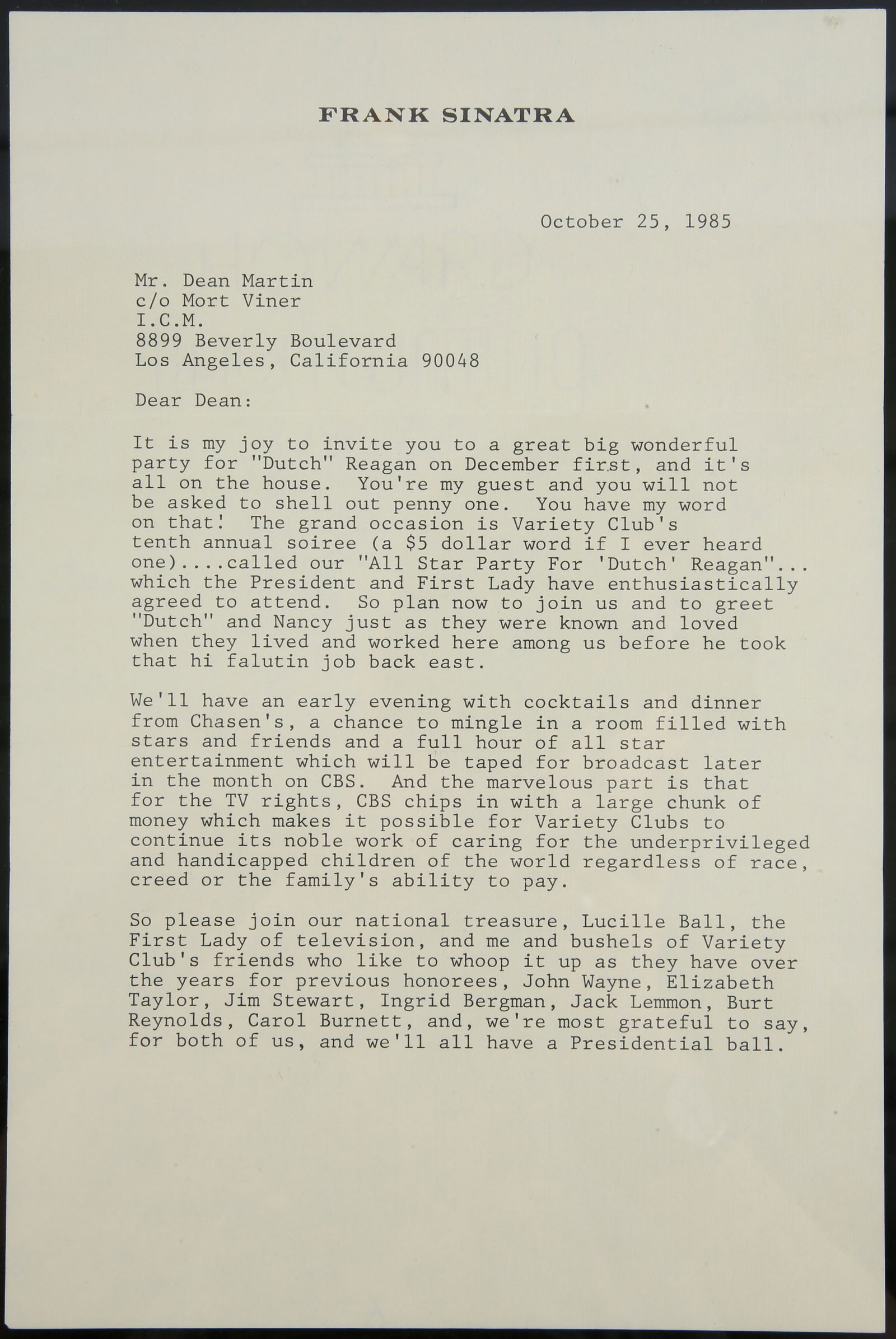 FRANK SINATRA letter to DEAN MARTIN dated 1985. A (1 of 6)