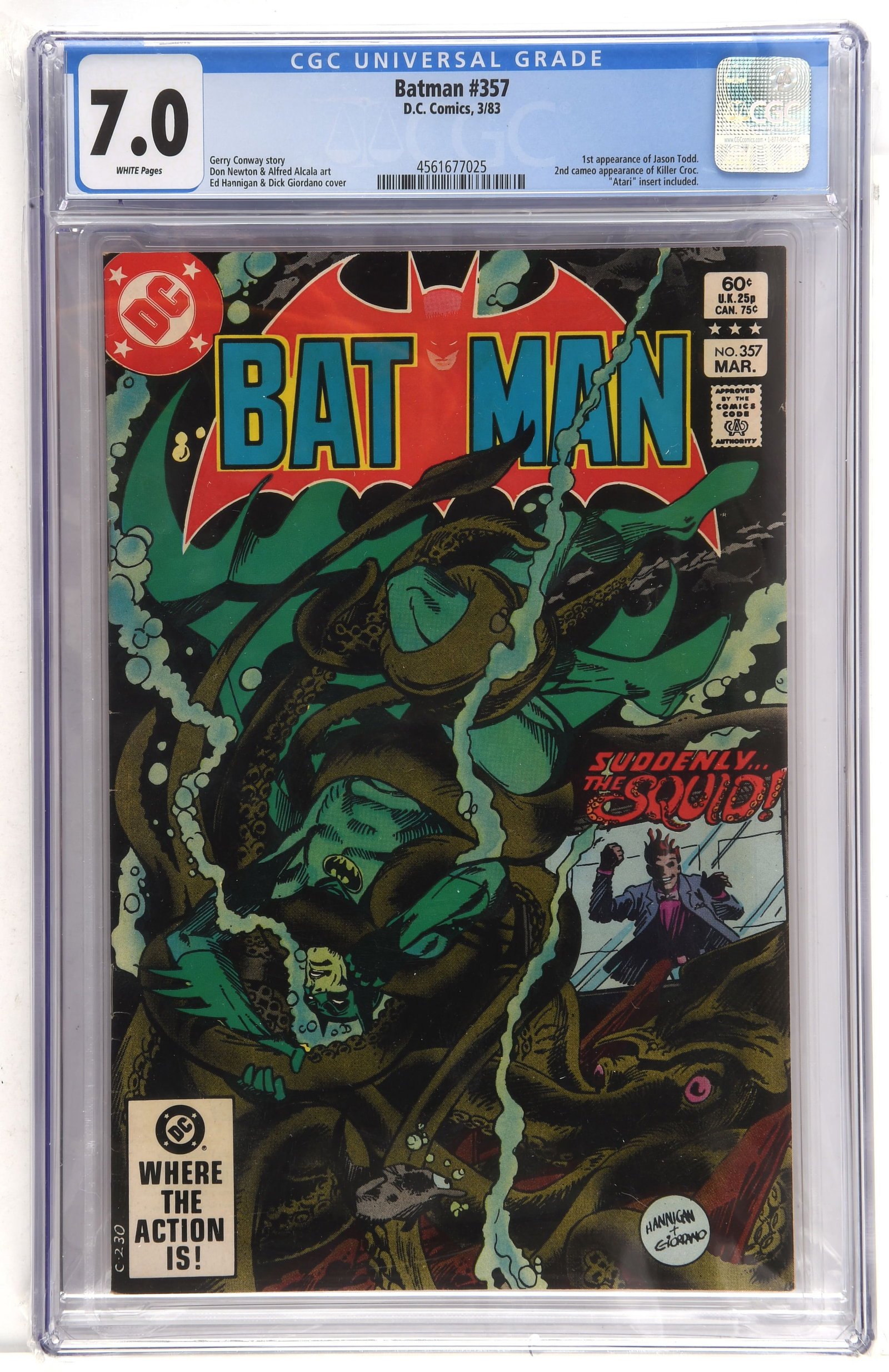 Batman No. 357 CGC Grade 7.0 - featuring 1st appea: Batman No. 357 CGC Grade 7.0 - featuring 1st appearance of Jason Todd (DC Comics, 1983)1st appearance of Jason Todd. 2nd cameo appearance of Killer Croc.Atari insert included.Creators: Gerry Conway st