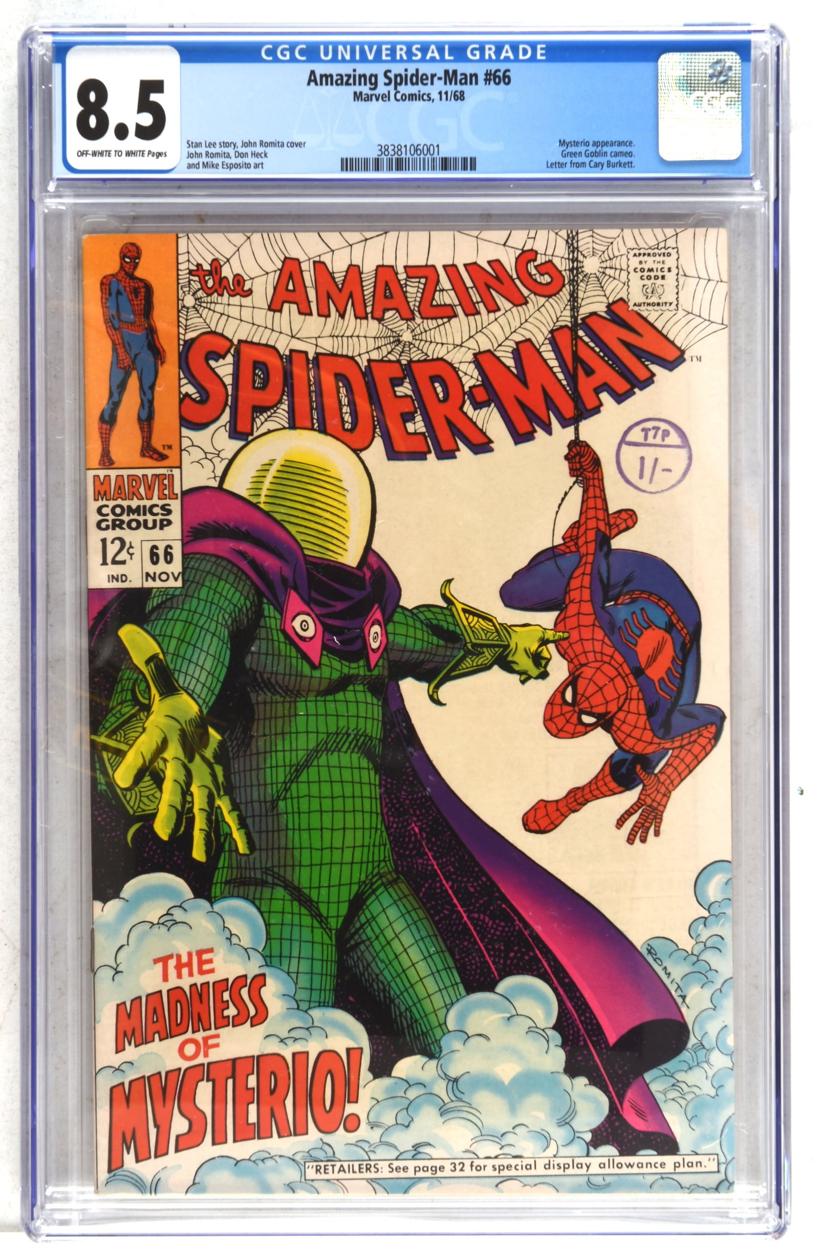 Amazing Spider-Man No. 66 CGC Grade 8.5 – classic: Amazing Spider-Man No. 66 CGC Grade 8.5 – classic John Romita Sr. Mysterio cover art (Marvel Comics, 1968).Mysterio appearance. Green Goblin cameo. Letter from Cary Burkett.Creators: Stan Lee st