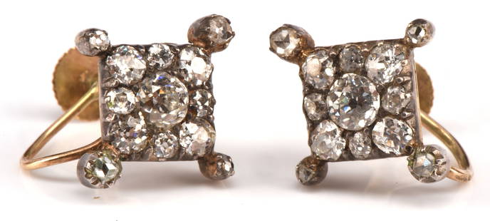 Victorian diamond cluster earrings, set in a squar: Victorian diamond cluster earrings, set in a square design with old cut diamonds total estimated diamond weight 0.80 carats, with screw back fittings, stamped 9 ct. Gross weight 2.5 grams Screw back f