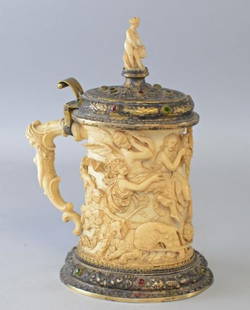 19th century German Ivory and gilt white metal and jewe: 19th century German Ivory and gilt white metal and jewelled tankard.