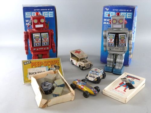 Two Space Walk Man Tin Plate Robots, in original boxes,: Two Space Walk Man Tin Plate Robots, in original boxes, three early tin plate cars,