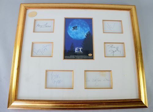 E.T. the extra-terrestrial (1982) autographs in a frame: E.T. the extra-terrestrial (1982) autographs in a framed display, including Steven Spielberg, Henry Thomas,