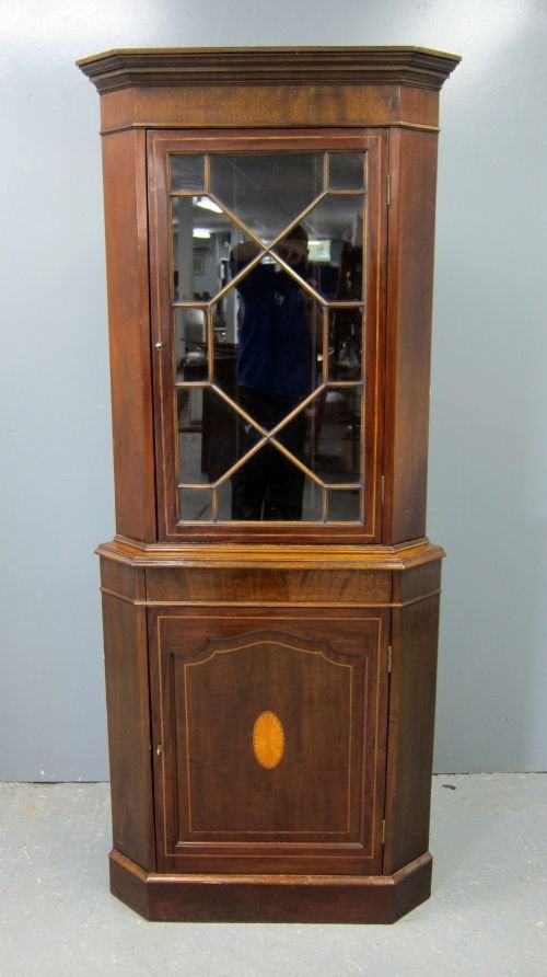 Edwardian mahogany and inlaid freestanding corner cabin: Edwardian mahogany and inlaid freestanding corner cabinet 85"