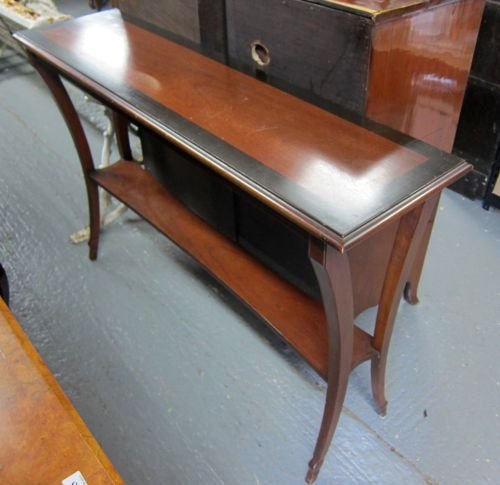 Pair of mahogany two tier console tables, each 34"x52": Pair of mahogany two tier console tables, each 34"x52"