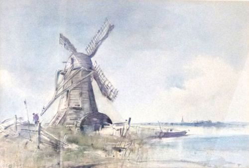 Arthur Davis watercolour of a windmill signed 13"x16": Arthur Davis watercolour of a windmill signed 13"x16"