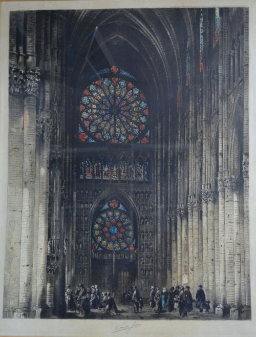 A coloured etching of Rouen Cathedral and another of Rh: A coloured etching of Rouen Cathedral and another of Rheims Cathedral, both signed Camille Fonce, circa 1812