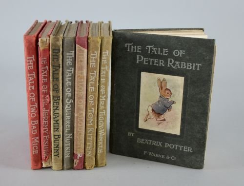 Eight Beatrix Potter books published by F. Warne and Co: Eight Beatrix Potter books published by F. Warne and Co including: The Tale of Two Bad Mice, dated 1907 The Tale of Mr Jeremy Fisher, dated 1906 The Tale of Mrs Tiggy Winkle, dated 1907 The Tale of To