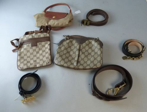 Mixed lot of designer items including Gucci leather tri: Mixed lot of designer items including Gucci leather trimmed bag and a shoulder purse, two Ralph Lauren leather belts, DKNY belt and another by Paloma Picasso