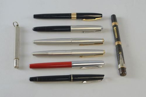 Collection of pens including a Watermans Ideal fountain: Collection of pens including a Watermans Ideal fountain pen with 9ct Gold mounts, three Parker fountain pens, a Sheaffer, an Esterbrook, an Osmiroid 75 and a Geo Rowney pencil holder (8)