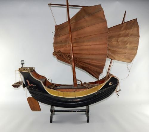Wood painted model of a Chinese junk with sails 32in.: Wood painted model of a Chinese junk with sails 32in. (81cm)
