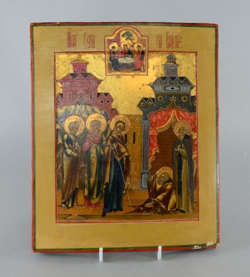 18th/19th century Russian Icon, Moscow School, The: 18th/19th century Russian Icon, Moscow School, The appearance of the Virgin and the apostles Peter and John to Sergius of Radonezh and his disciple Nikon in an architectural setting with the Old Testa