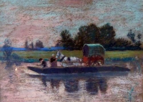 Leon L'Hermitte, (1844-1925), river landscape with: Leon L'Hermitte, (1844-1925), river landscape with horse-drawn cart pastel on paper Provenance; purchased at Bonhams 4th October 1972 lot 139 8 x 10in. (20 x 25cm)