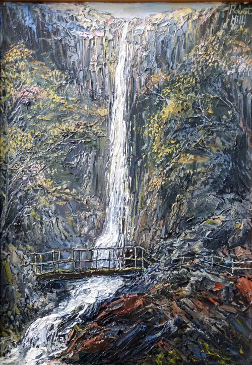 Robert Hill 'Pistyll Raaidr Waterfall', oil on canvas,: Robert Hill 'Pistyll Raaidr Waterfall', oil on canvas, signed, gallery label verso, framed 24 x 18in. (61 x 46cm)