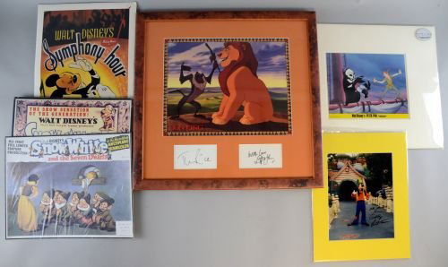Collection of Disney related items including a signed: Collection of Disney related items including a signed Lion King display by Tim Rice and Elton John, an original 10x8 Peter Pan lobby card, Bill Farmer (Goofy) signed photograph and three other reprodu