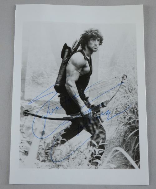 Sylvester Stallone (1946-) Actor, a signed photo from: Sylvester Stallone (1946-) Actor, a signed photo from the film Rambo 6¾ x 5in. (15 x 13cm)