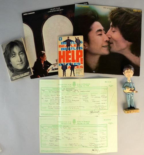 Beatles Memorabilia, George Harrison plaster nodding: Beatles Memorabilia, George Harrison plaster nodding doll, two marriage certificates for Paul McCartney to Linda Eastman and Richard Starkey to Barbara Goldbach together with records and books