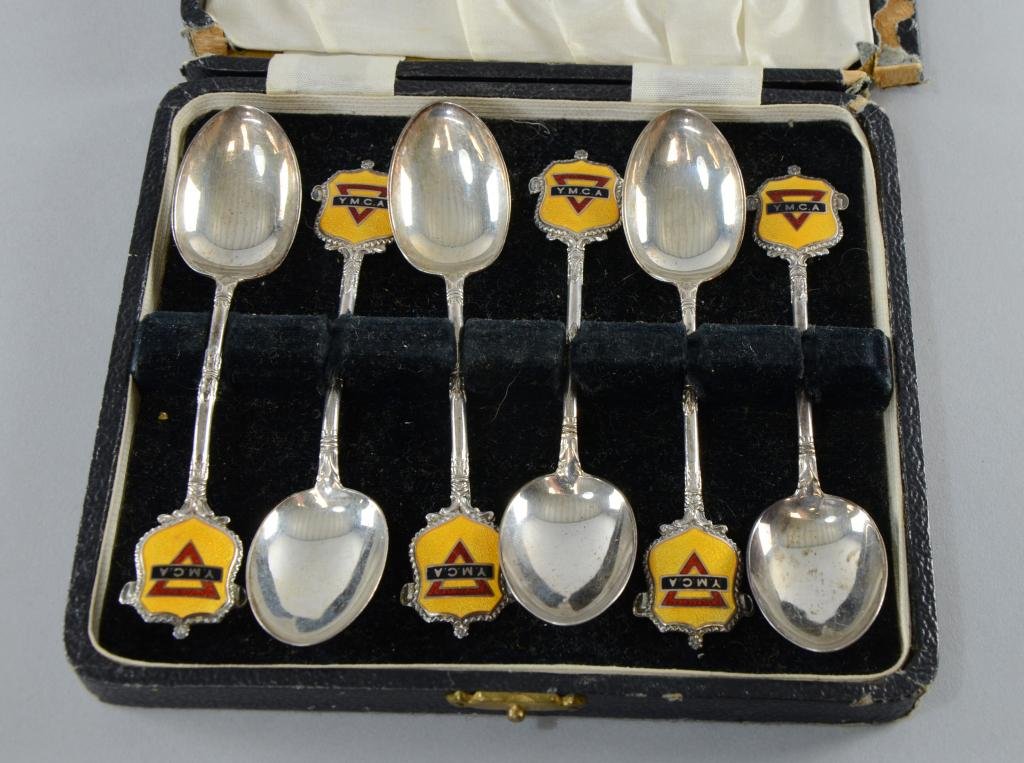 George V, Walker & Hall set of six silver spoons with: George V, Walker & Hall set of six silver spoons with enamelled YMCA emblems, Birmingham 1923