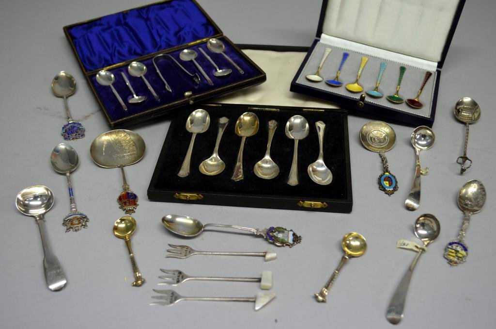 Set of Danish silver and enamelled coffee spoons,: Set of Danish silver and enamelled coffee spoons, marked '925', in fitted case, another set of coffee spoons, set of teaspoons, and other items of silver flatware including souvenir spoons, gross weig